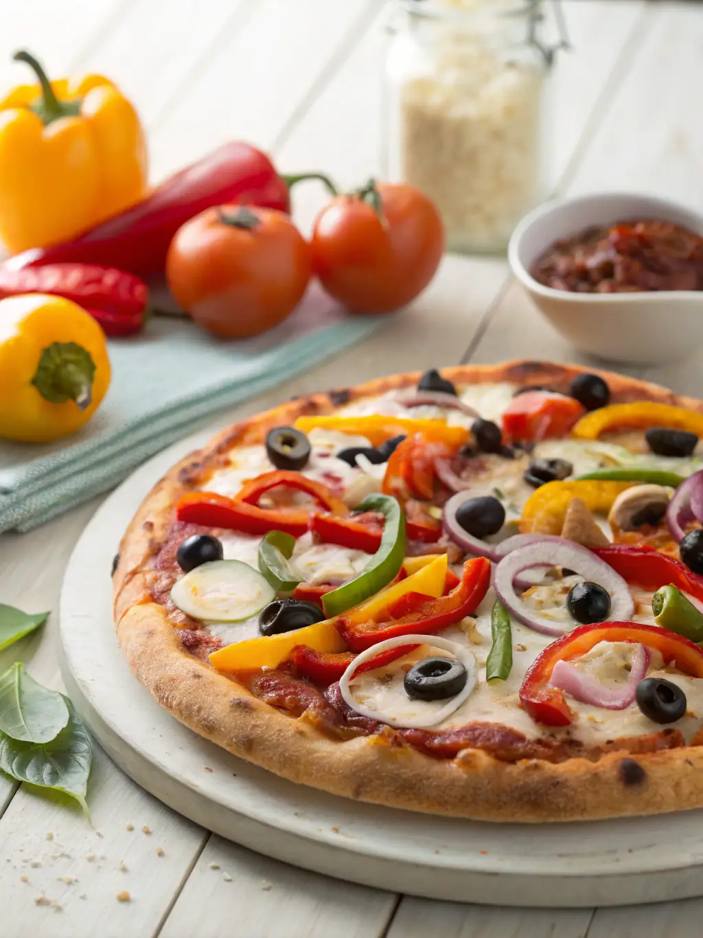 A Spicy Veggie Pizza from Pizza Go Go, showcasing the vibrant colors of the vegetables and the melted dairy-free cheese on a crispy crust.